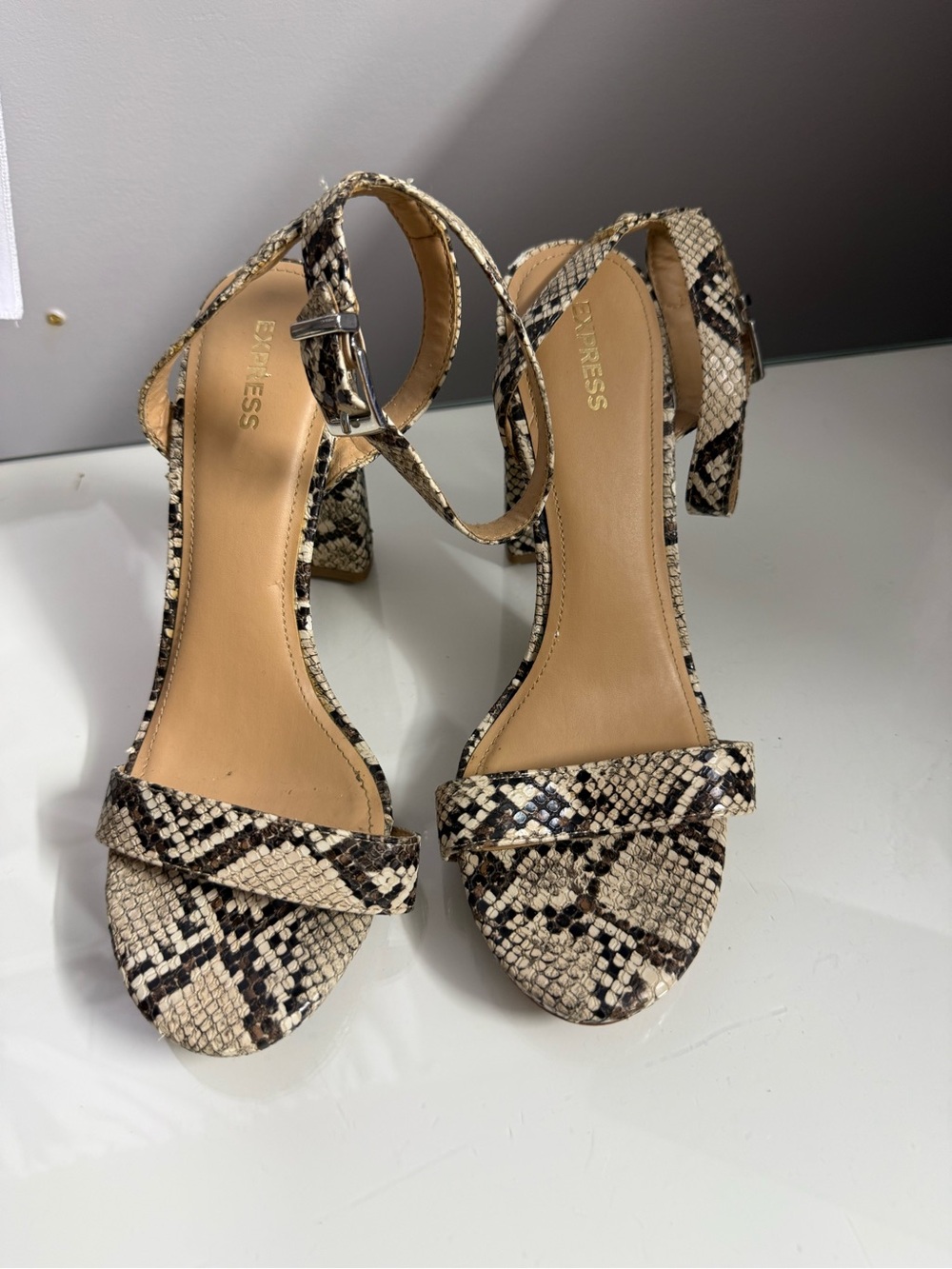 Express Snake-Print Ankle Strap Block Heels - Beige & Black